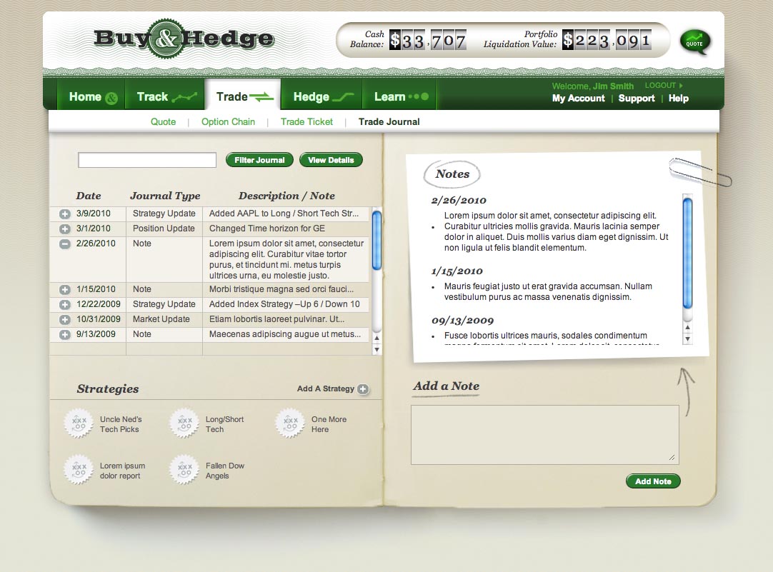 Stock Trading Notes and History Screen