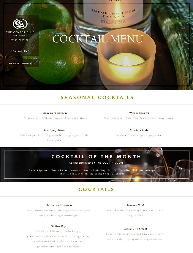 Center Club Menu Web Page Design
